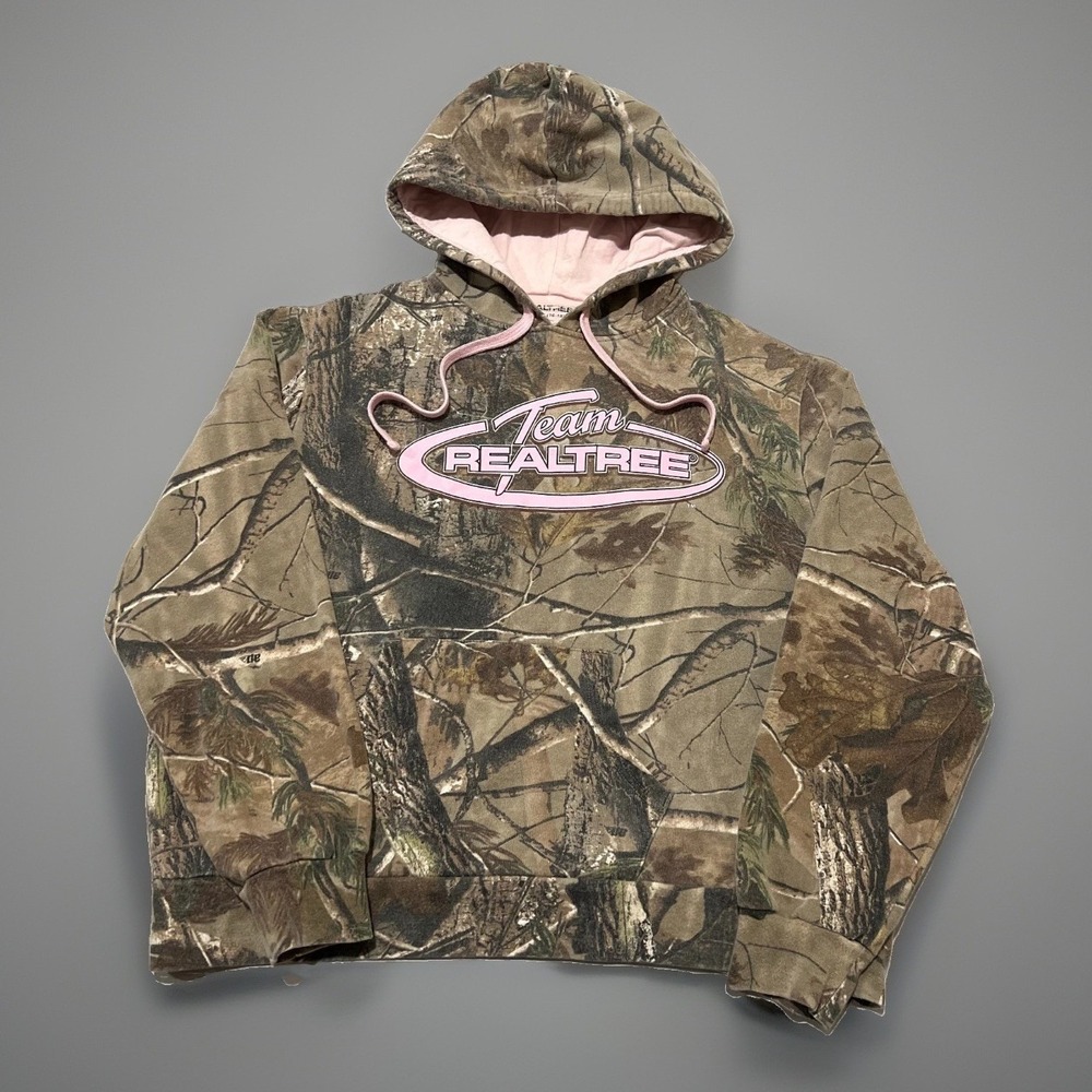 Realtree Ladies Brown Camo Team Logo Outdoor Heavy Hoodie Sweatshirt Size XL